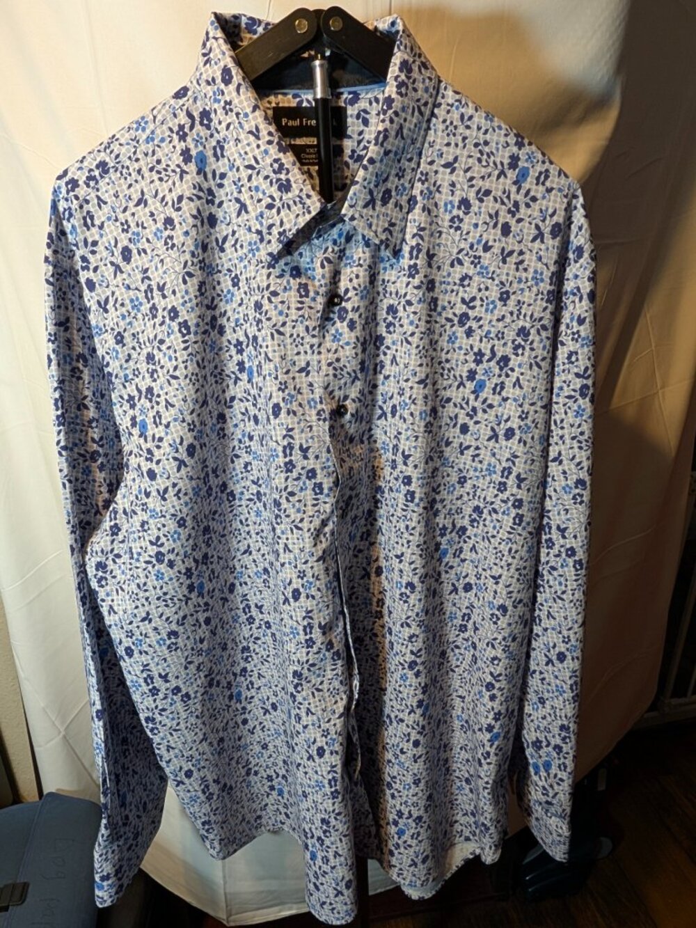 Paul Fredrick Men's Long-Sleeve Floral Button-Down Shirt in White and Blue 2XLT